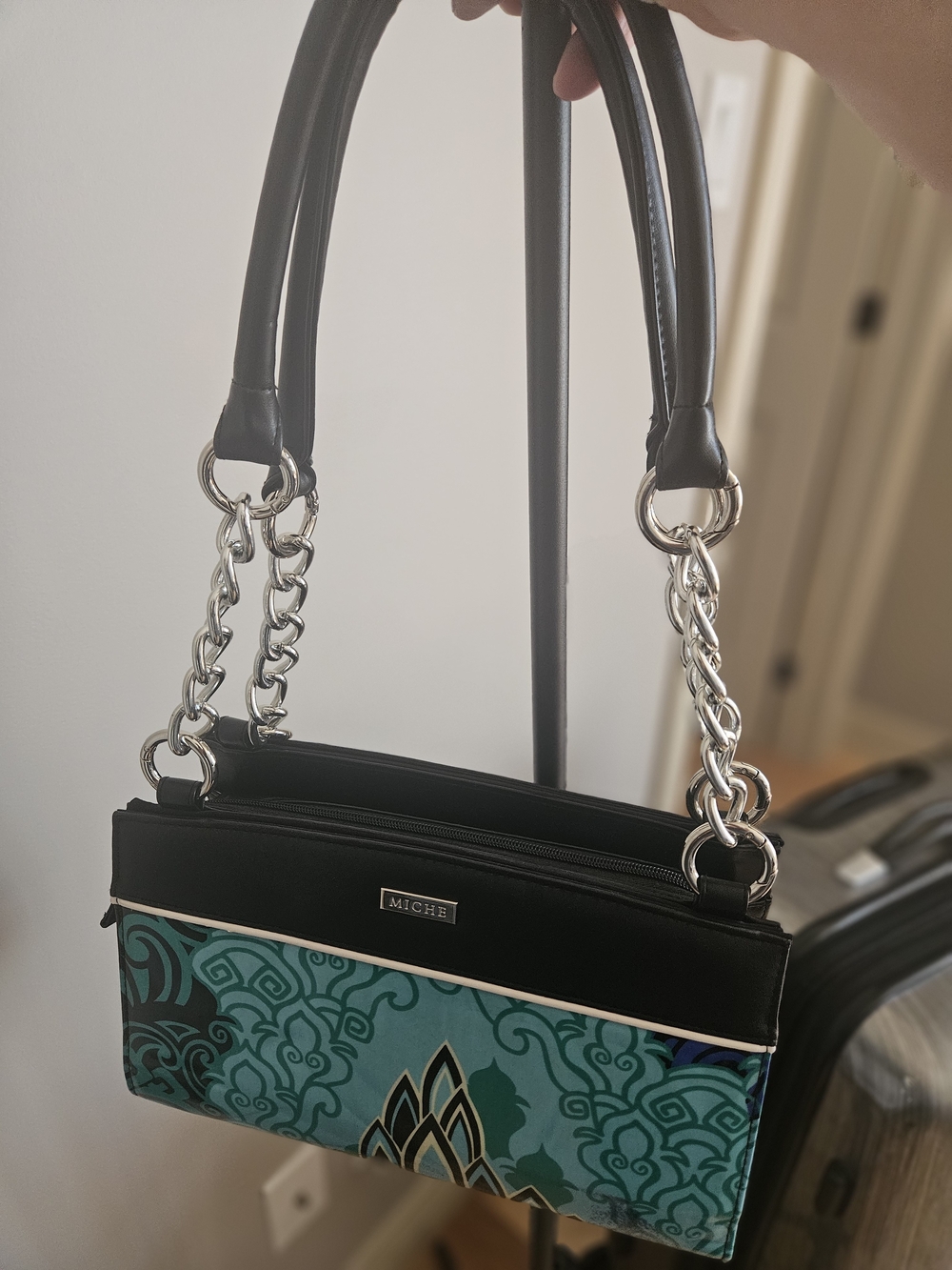 Miche Teal Patterned Shoulder Bag with Silver Chain Accents